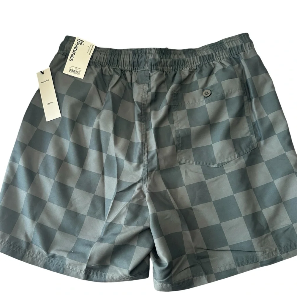 No Boundaries Men's Checkered Elastic Waist Swim Trunks, 6